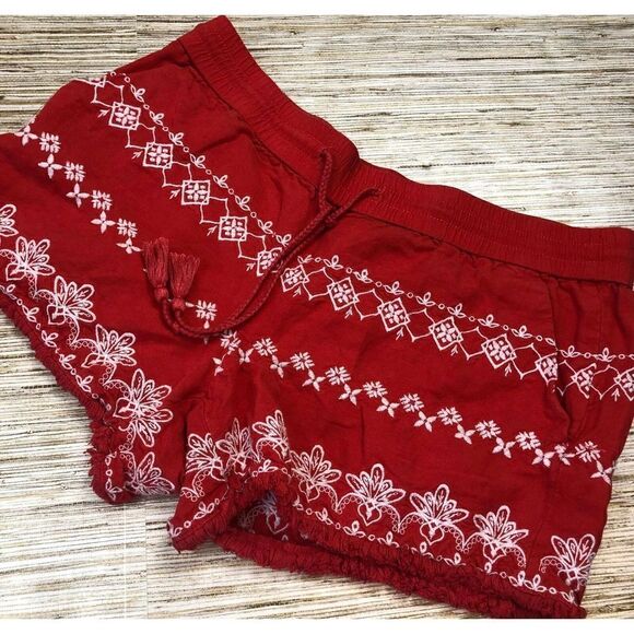 D-280 Loft linen / viscose blend embroidered drawstring fringe shorts RED sz M - Picture 1 of 1